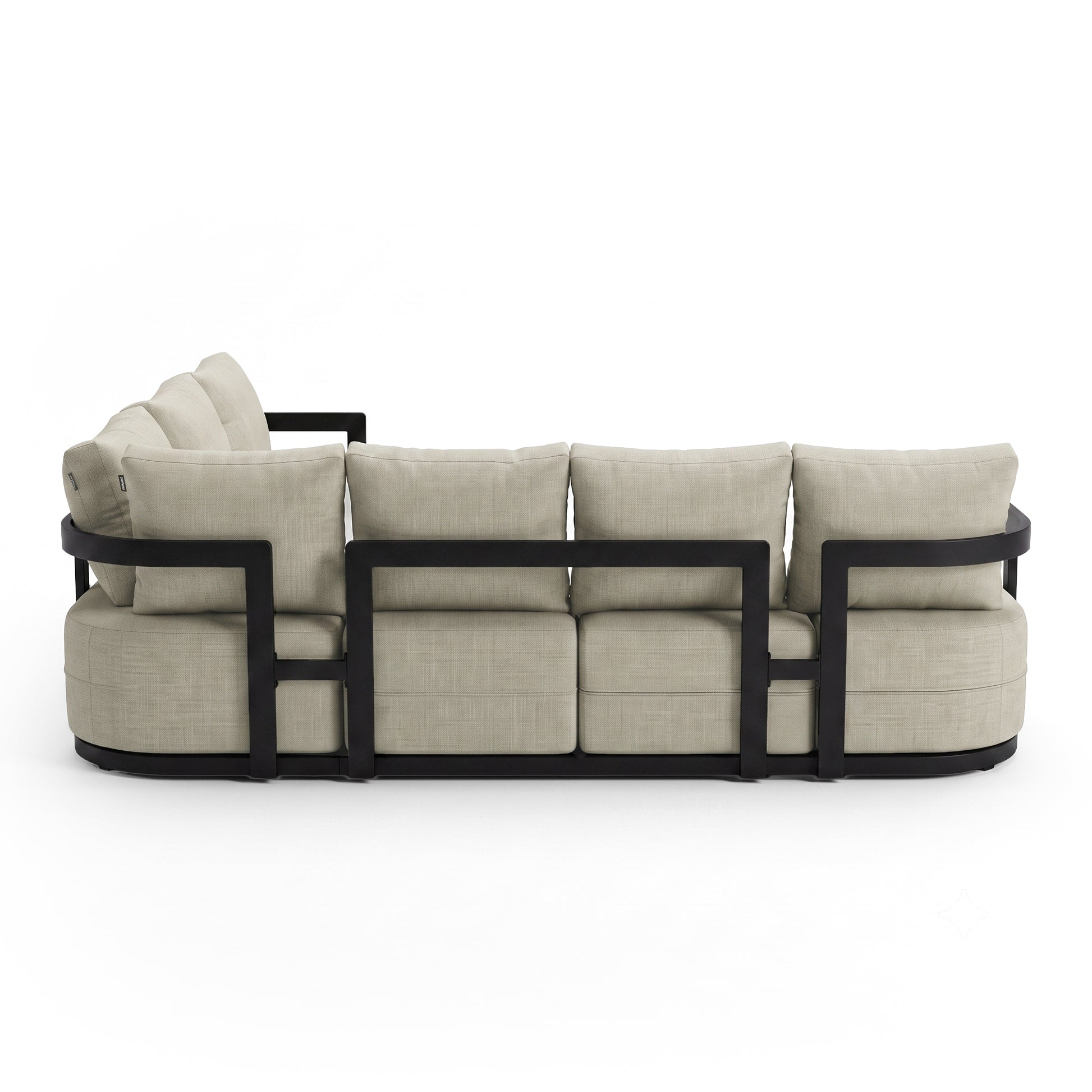 Back view of a modern sofa with black geometric frame on a white background