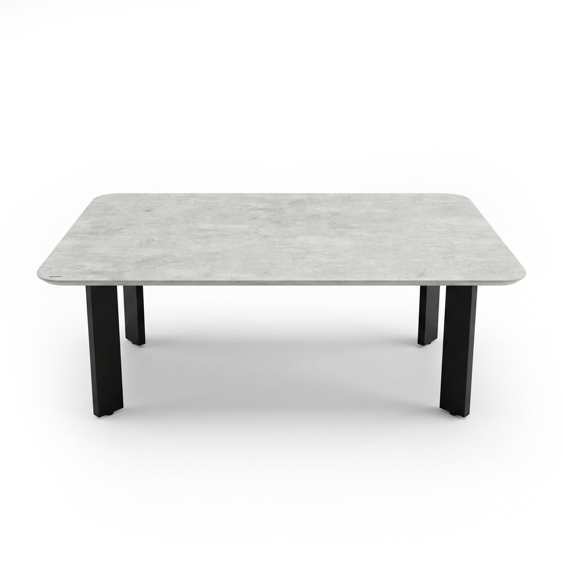 Rectangular coffee table with stone-look top and black legs on a white background