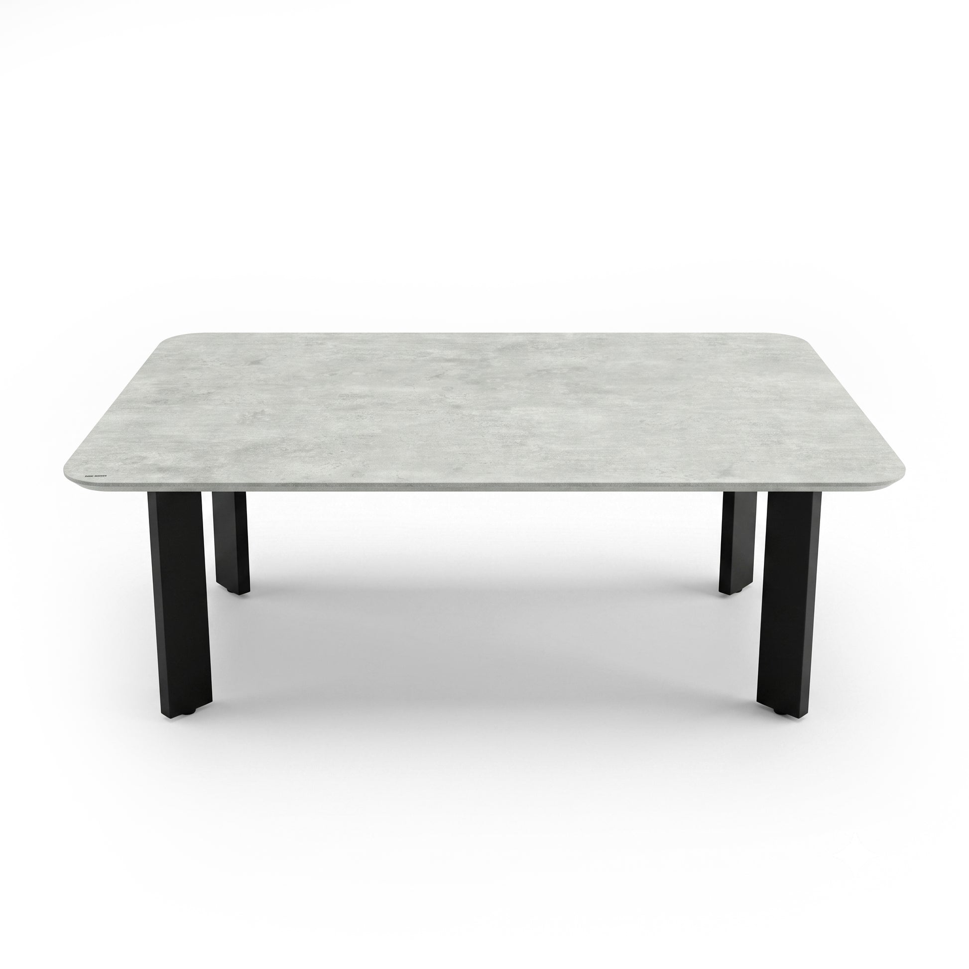Rectangular coffee table with stone-look top and black legs on a white background