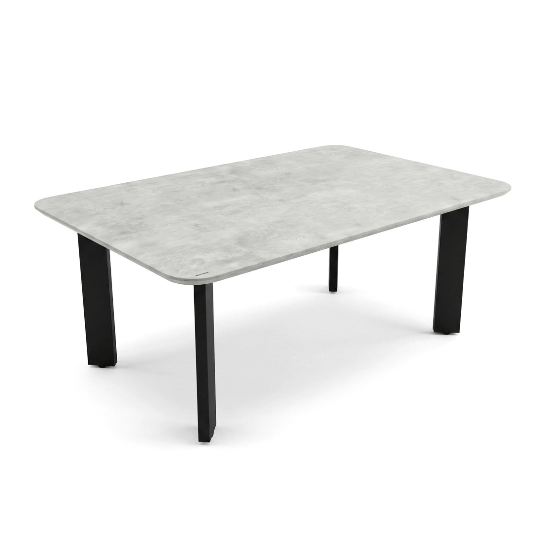 Rectangular table with grey top and black legs on a white background