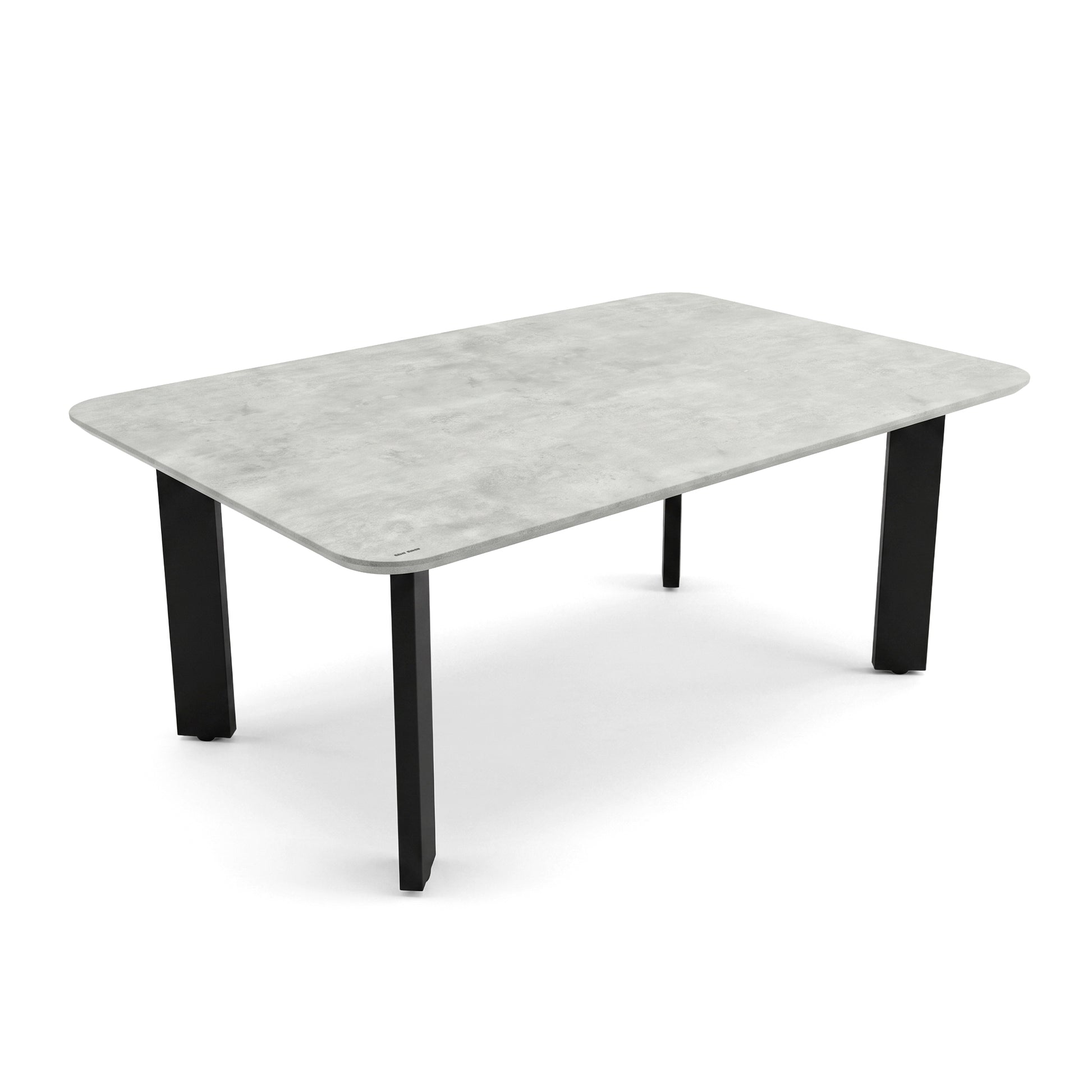 Rectangular table with grey top and black legs on a white background