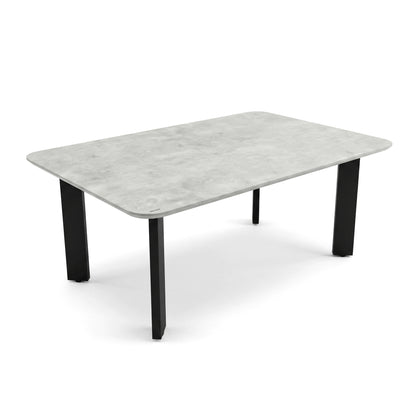 Rectangular table with grey top and black legs on a white background