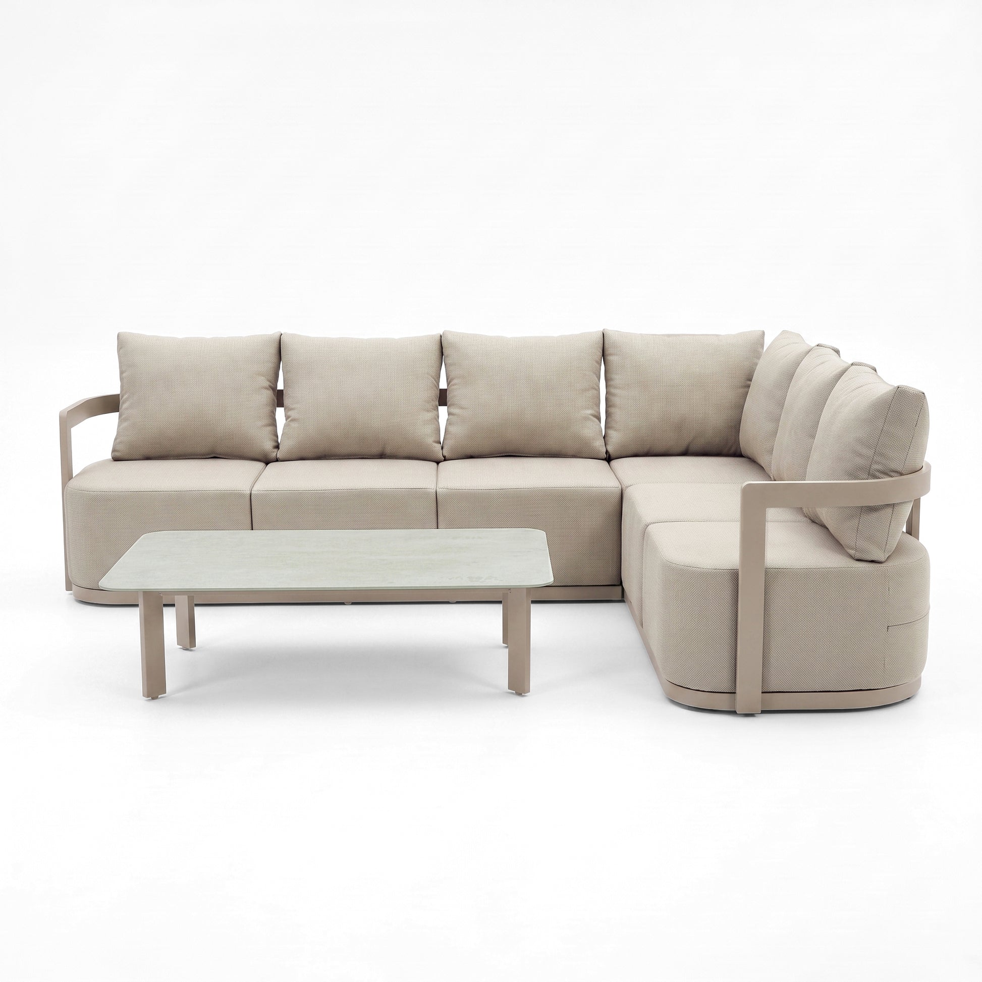 Modern beige sectional sofa and coffee table displayed on a white background