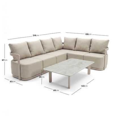Beige sectional sofa and coffee table on white background with dimension measurements shown