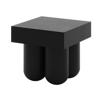 Rissa Indoor & Outdoor Cone Base Concrete Side Table Black featuring a sleek square tabletop with cone-shaped legs, showcasing modern design and durability suitable for indoor and outdoor use.