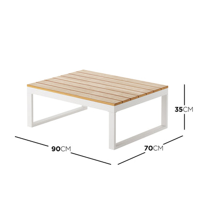 Rosa 5 Seater Outdoor Corner Sofa Lounge with Coffee Table; features a sleek white and wood coffee table, complemented by a stylish wooden design, perfect for enhancing outdoor spaces.