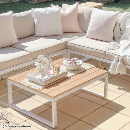 Rosa 5 Seater Outdoor Corner Sofa Lounge with Coffee Table, featuring sleek cushions on a sturdy frame, elegantly arranged for modern outdoor settings, ideal for patios or decks. Includes a coordinating coffee table.