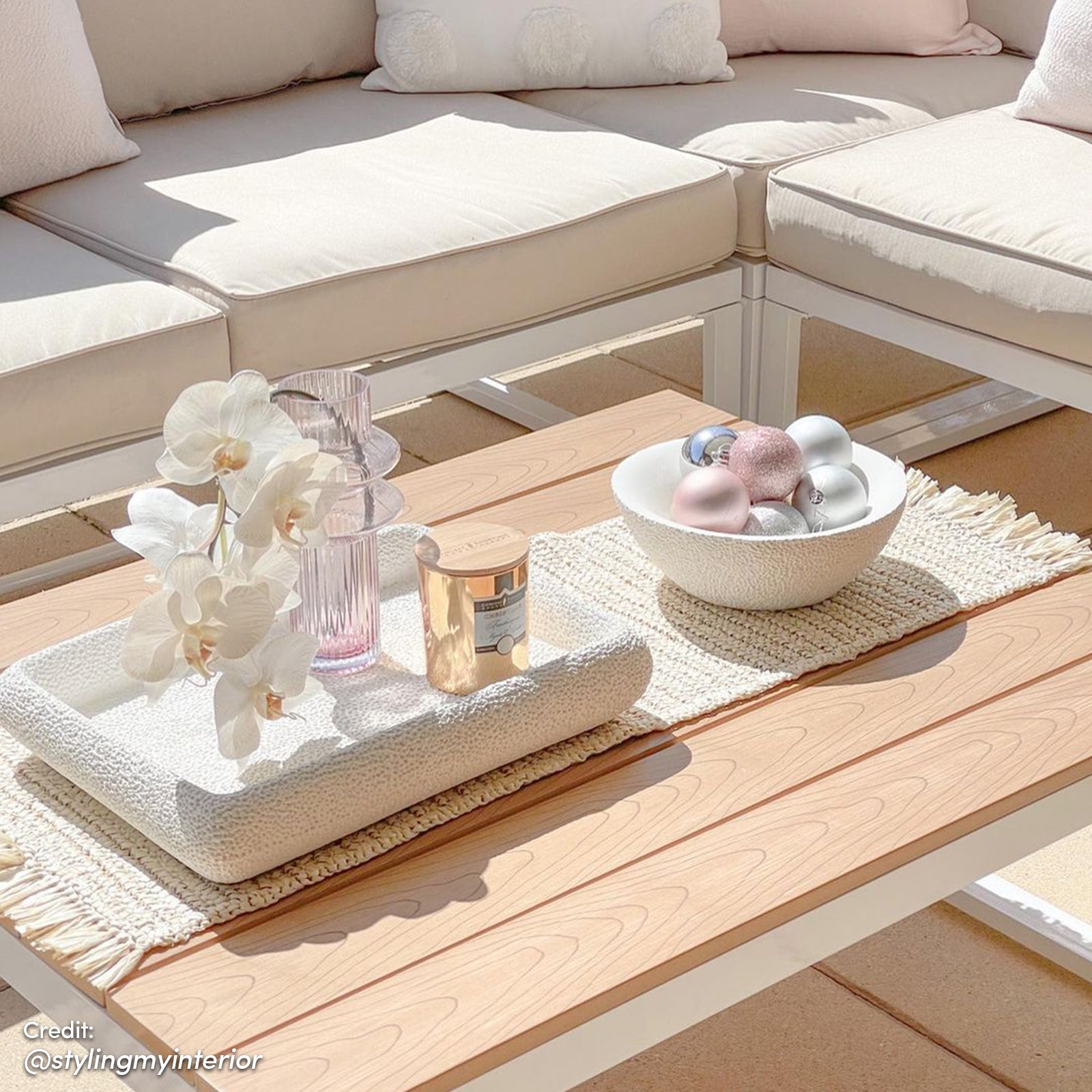 Rosa 5 Seater Outdoor Corner Sofa Lounge with Coffee Table features a modern design, showcasing plush pillows and a sleek coffee table, perfect for stylish and comfortable outdoor seating.