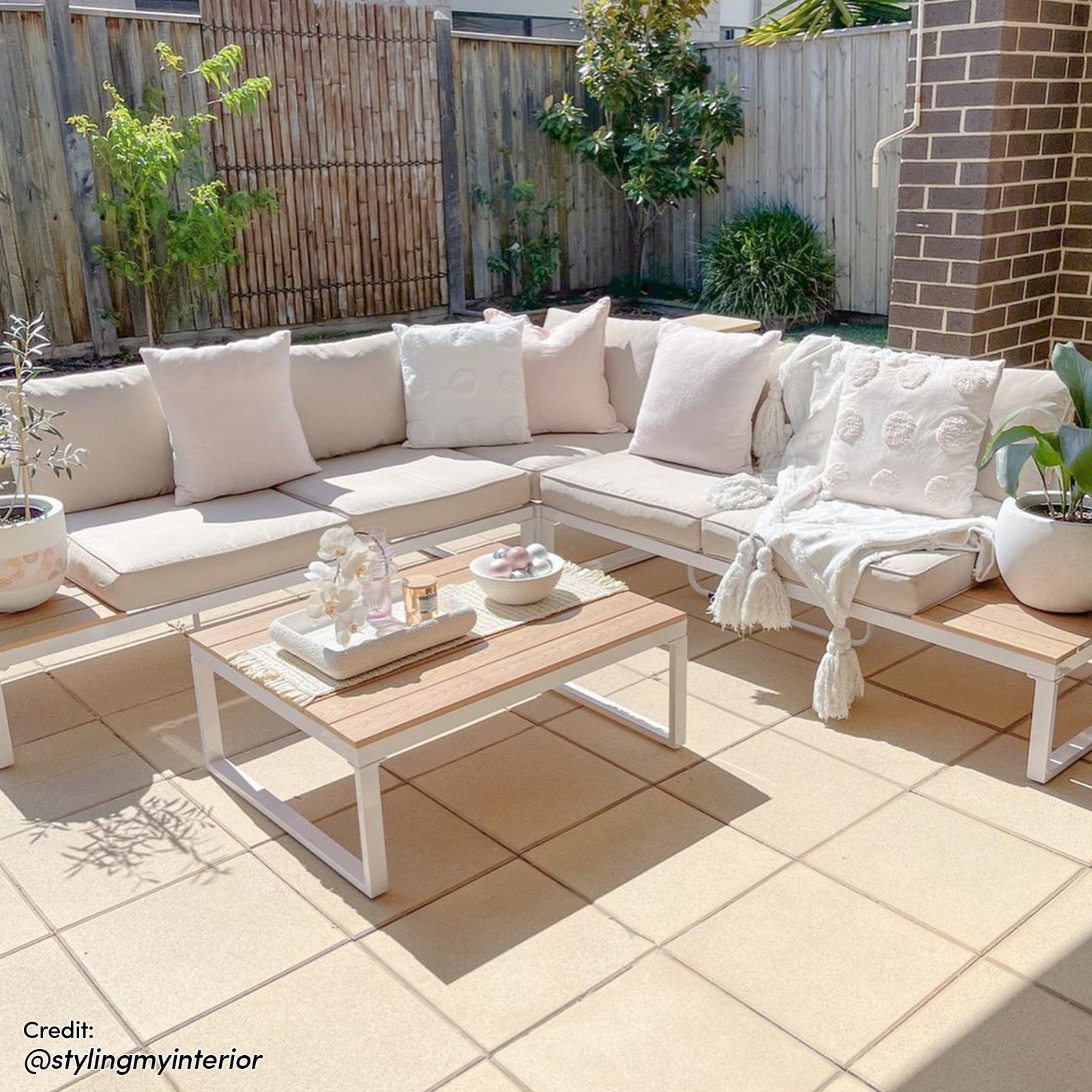 Rosa 5 Seater Outdoor Corner Sofa Lounge with Coffee Table Beige, featuring sleek lines and plush cushions, perfect for stylish outdoor spaces like patios or decks.