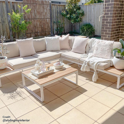 Rosa 5 Seater Outdoor Corner Sofa Lounge with Coffee Table Beige, featuring sleek lines and plush cushions, perfect for stylish outdoor spaces like patios or decks.
