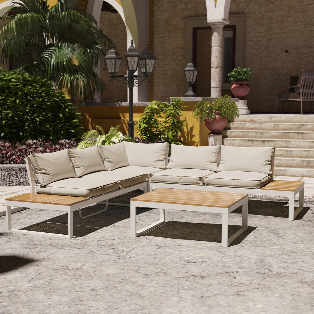 Rosa 5 Seater Outdoor Corner Sofa Lounge with Coffee Table features a sleek, modern design with a spacious layout, ideal for outdoor spaces. The set includes a stylish sofa and matching coffee table.