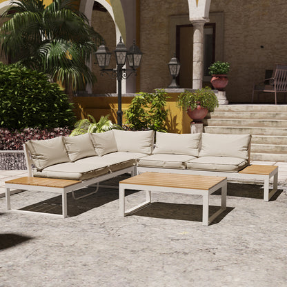 Rosa 5 Seater Outdoor Corner Sofa Lounge with Coffee Table features a sleek, modern design with a spacious layout, ideal for outdoor spaces. The set includes a stylish sofa and matching coffee table.