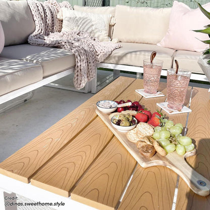 Rosa 5 Seater Outdoor Corner Sofa Lounge with Coffee Table showcasing sleek modern design, featuring plush cushions and a stylish low-profile coffee table, set in a cozy outdoor arrangement with snacks and drinks.