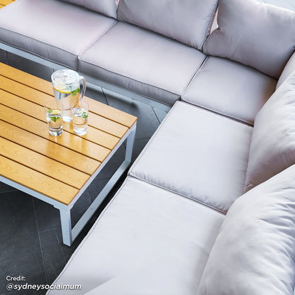 Rosa 5 Seater Outdoor Corner Sofa Lounge with Coffee Table features a sleek, cushioned design with a corner arrangement and a central table, perfect for stylish outdoor relaxation and gatherings.