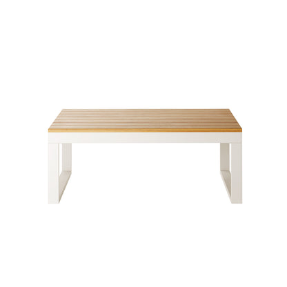 Close-up of the Rosa 5 Seater Outdoor Corner Sofa Lounge with Coffee Table, showcasing the sleek, modern design of the white and wood coffee table, emphasizing its stylish and durable construction.