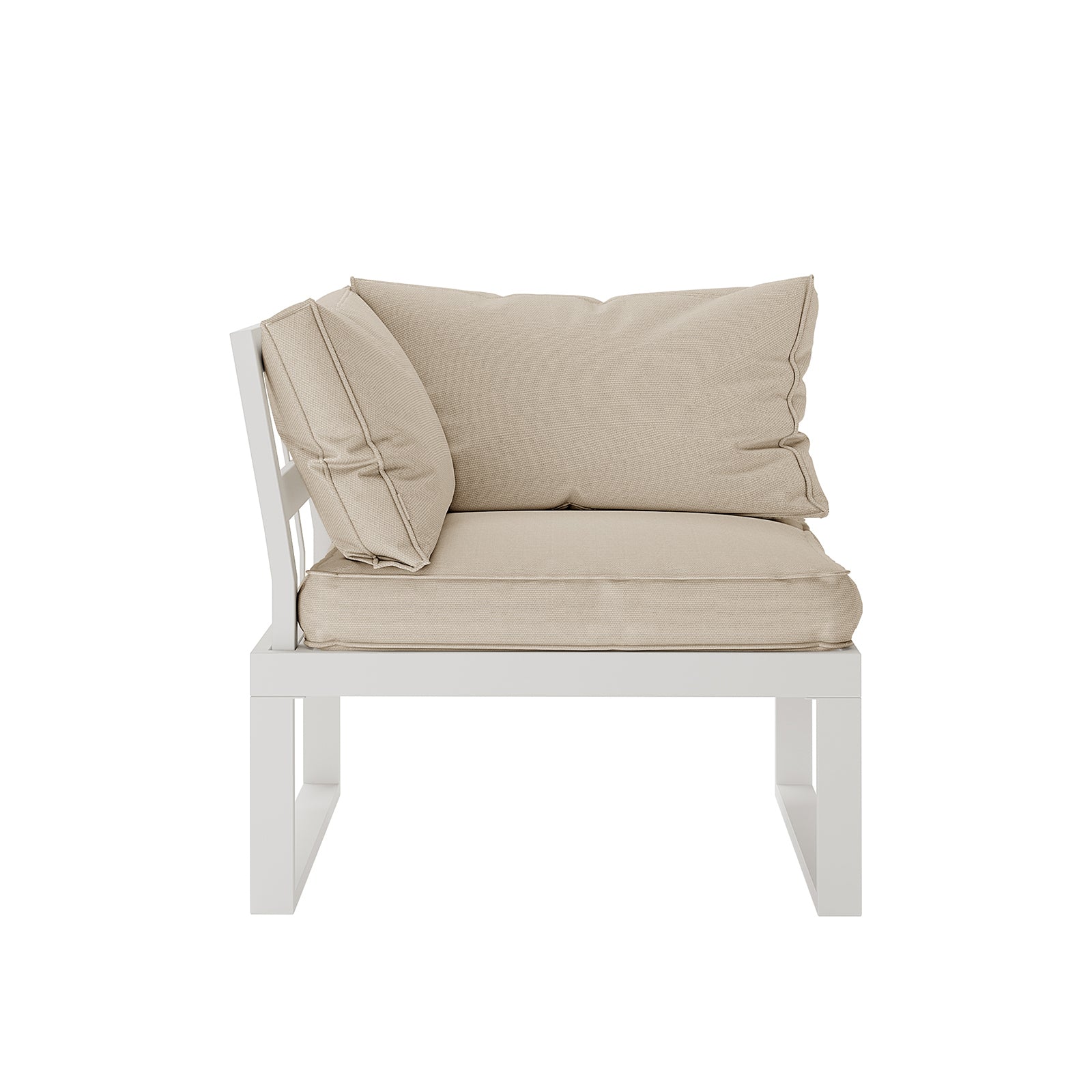 Rosa 5 Seater Outdoor Corner Sofa Lounge with Coffee Table features a close-up view of the couch's armrest and cushion, complemented by a white chair with a pillow.