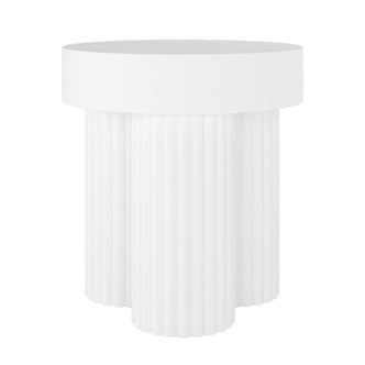 Salvo 38cm Outdoor Concrete Coffee Side Table in White, featuring a smooth, round top and fluted, column-style base with vertical grooves, showcasing elegant durability for indoor or outdoor use.