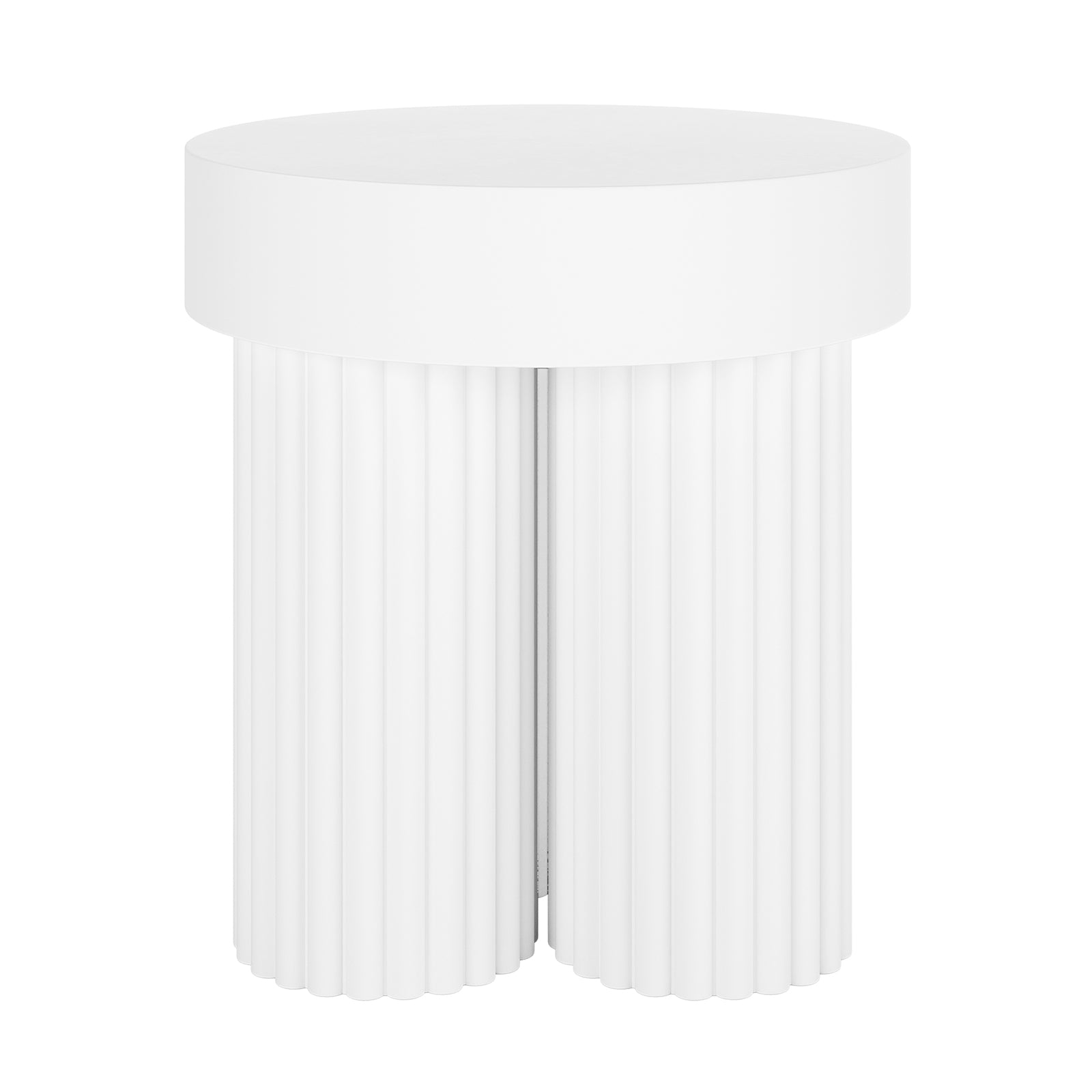 Salvo 38cm Outdoor Concrete Coffee Side Table in White features a drum-shaped design with a smooth top and fluted cylindrical base, exuding modern-classical elegance for versatile indoor or outdoor use.