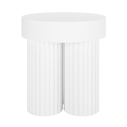 Salvo 38cm Outdoor Concrete Coffee Side Table in White features a drum-shaped design with a smooth top and fluted cylindrical base, exuding modern-classical elegance for versatile indoor or outdoor use.