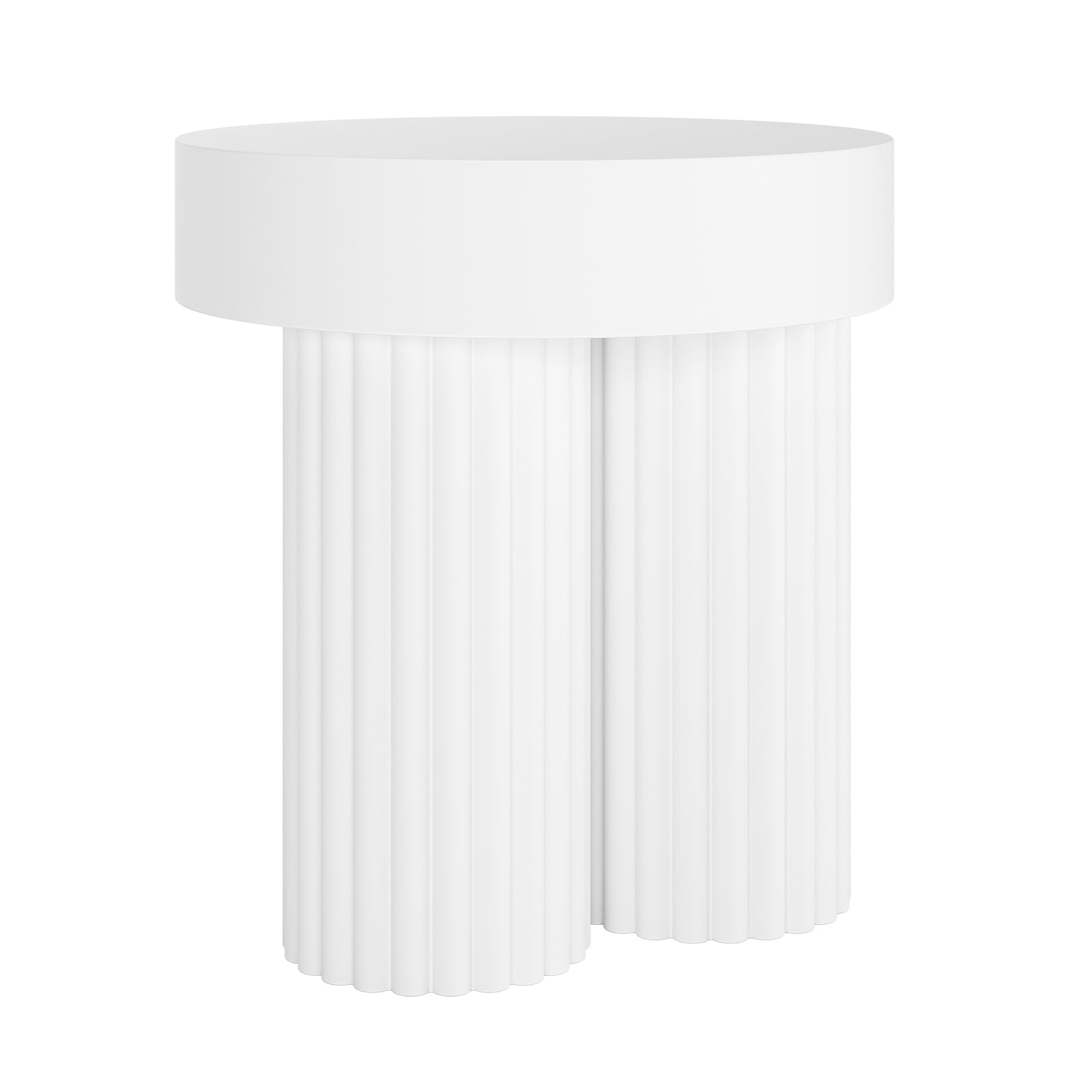 Salvo 38cm Outdoor Concrete Coffee Side Table in White features a circular top on three fluted columns, showcasing minimalist elegance and robust design for versatile indoor or outdoor use.