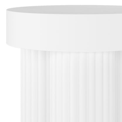 Salvo 38cm Outdoor Concrete Coffee Side Table in White features a smooth, flat disc top and vertically fluted cylindrical shaft, embodying classic elegance and robust construction for versatile indoor/outdoor use.