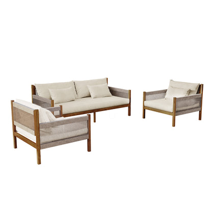 Savin 4-Seater Hardwood Outdoor Sofa Set in Beige features a three-seat sofa and two armchairs with wooden frames, beige cushions, and woven rope detailing, ideal for enhancing outdoor spaces.
