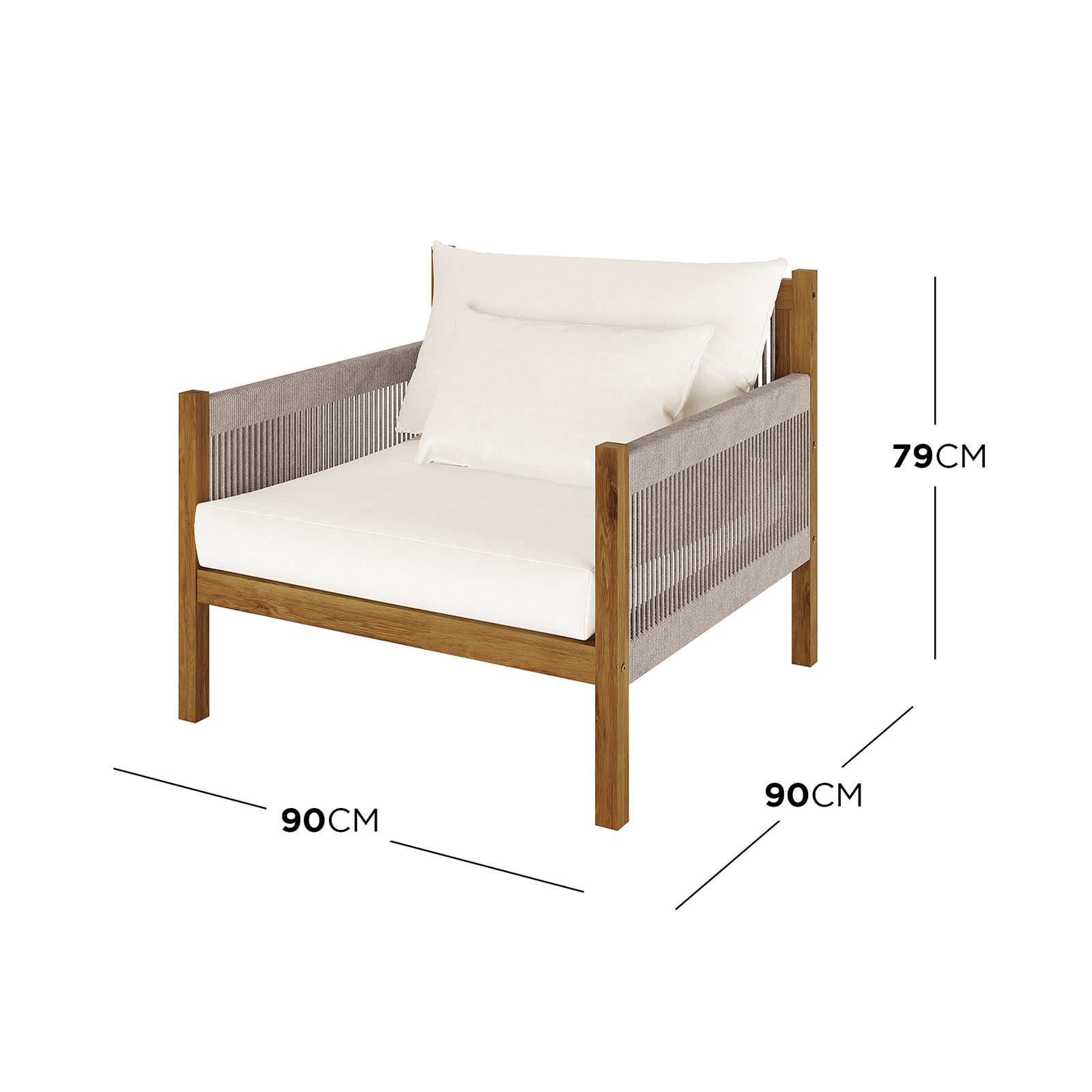 Savin 4 Seater Hardwood Outdoor Sofa Set in Beige, featuring a solid wooden frame, woven-fabric side panels, a thick seat cushion, and two loose back cushions. Dimensions: 90 cm wide, 90 cm deep, 79 cm tall.