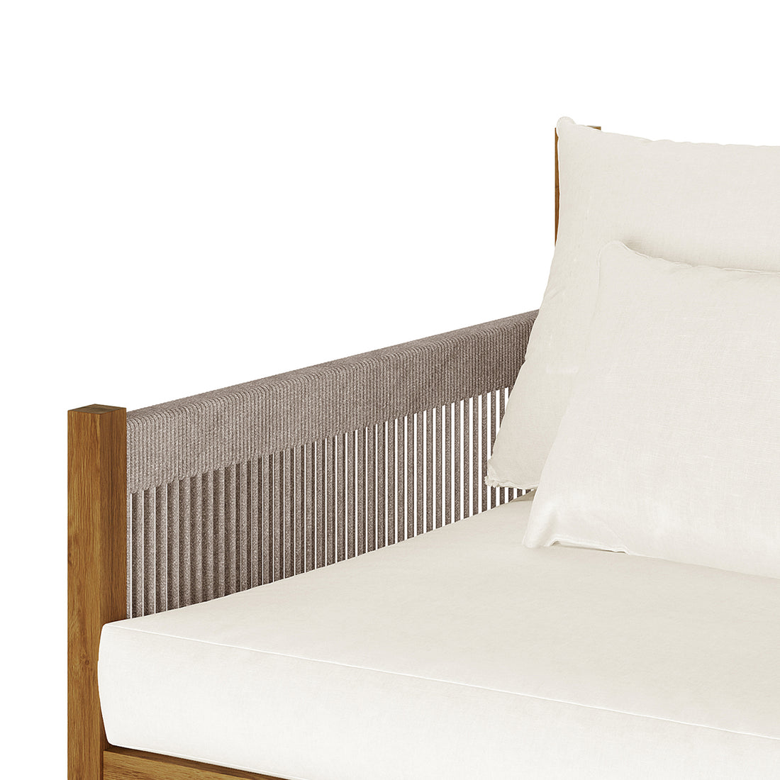 Savin 4-Seater Hardwood Outdoor Sofa Set in Beige showcasing a close-up of the wood frame with woven rope detail, white cushions, and pillows, highlighting its minimalist, modern design.