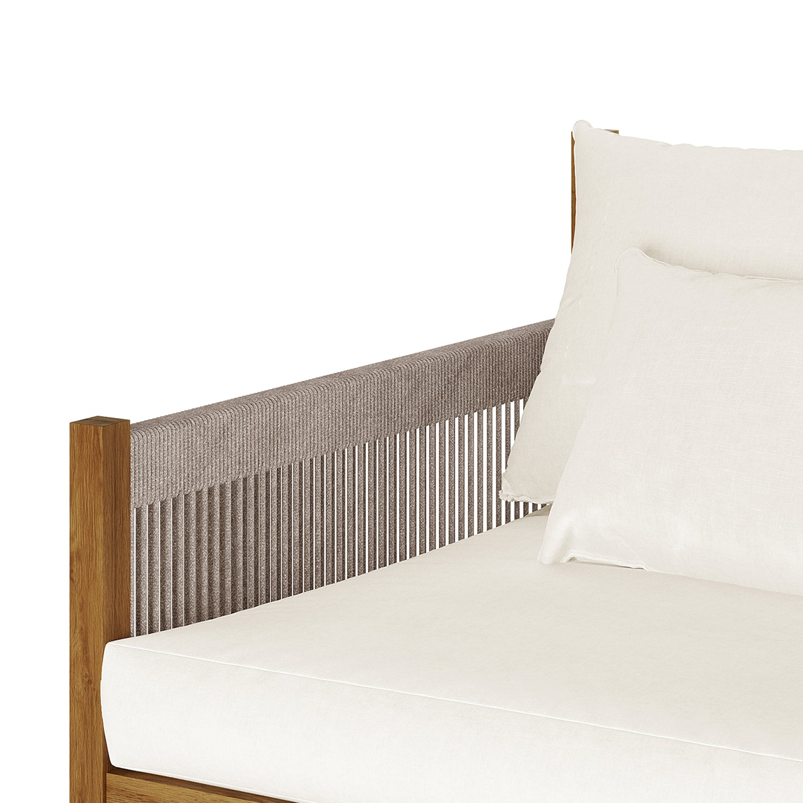 Savin 4-Seater Hardwood Outdoor Sofa Set in Beige showcasing a close-up of the wood frame with woven rope detail, white cushions, and pillows, highlighting its minimalist, modern design.