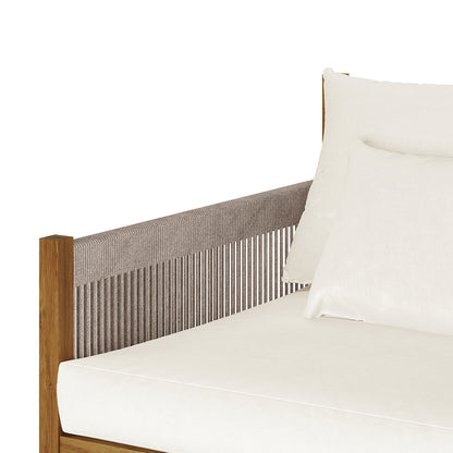 Savin 4-Seater Hardwood Outdoor Sofa Set in Beige showcasing a close-up of the wood frame with woven rope detail, white cushions, and pillows, highlighting its minimalist, modern design.