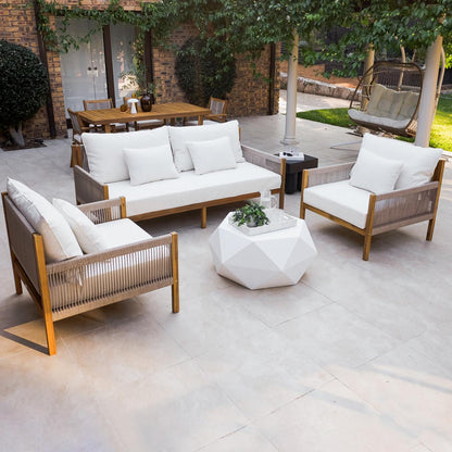 Savin 4-Seater Solid Timber Outdoor Sofa Set Beige, showcasing a spacious wooden frame with plush cushions, set against an inviting outdoor environment, ideal for enhancing outdoor lounge areas.