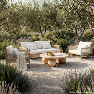 Savin 4 Seater Hardwood Outdoor Sofa Set in Beige features acacia wood seating with plush cushions on a gravel terrace, surrounded by olive trees and lavender, showcasing a relaxed Mediterranean-style garden lounge.
