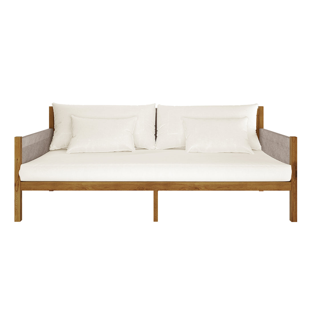 Savin 4-Seater Hardwood Outdoor Sofa Set in Beige features a minimalist wooden frame with white upholstered cushions and woven panels, offering a modern and spacious seating solution.