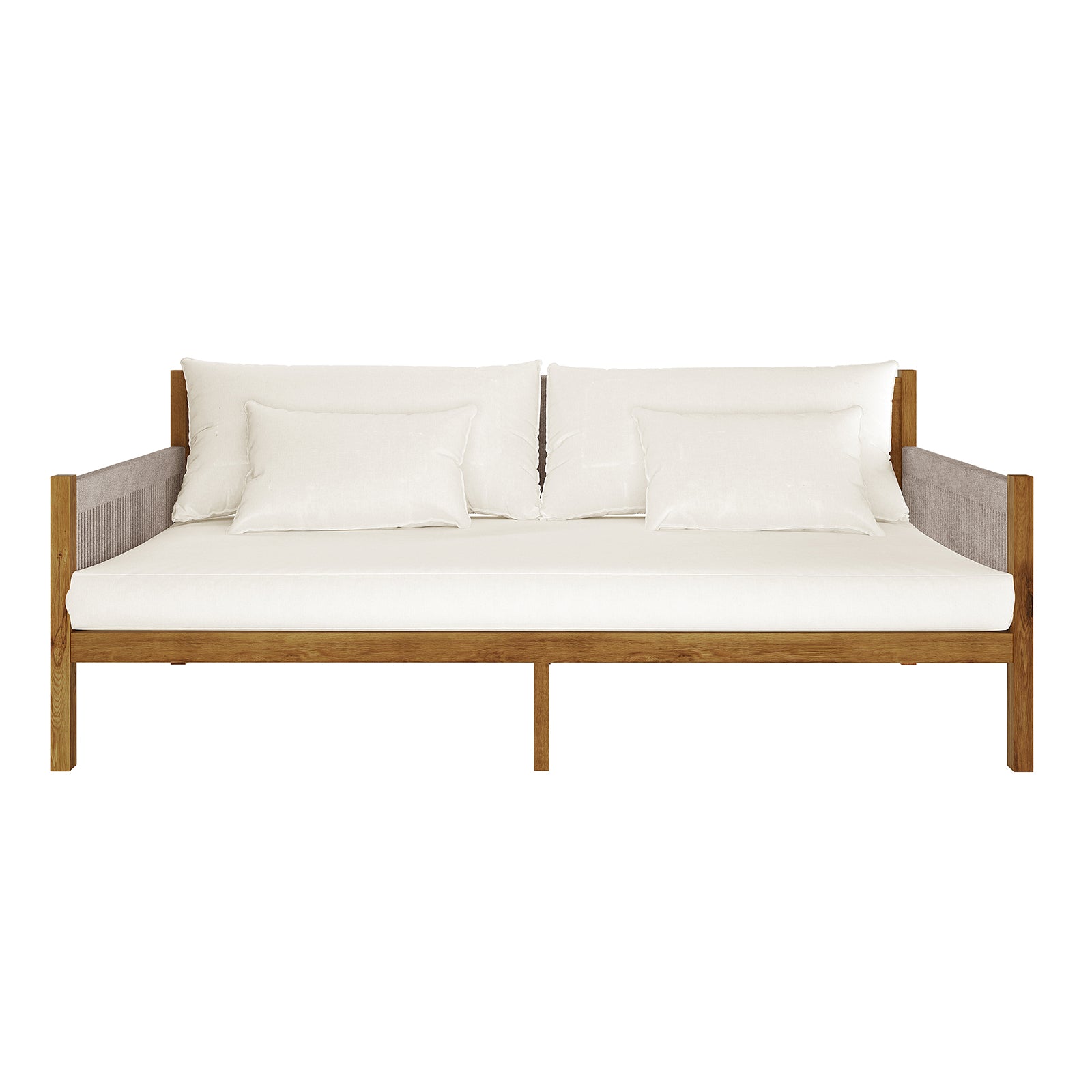 Savin 4-Seater Hardwood Outdoor Sofa Set in Beige features a minimalist wooden frame with white upholstered cushions and woven panels, offering a modern and spacious seating solution.