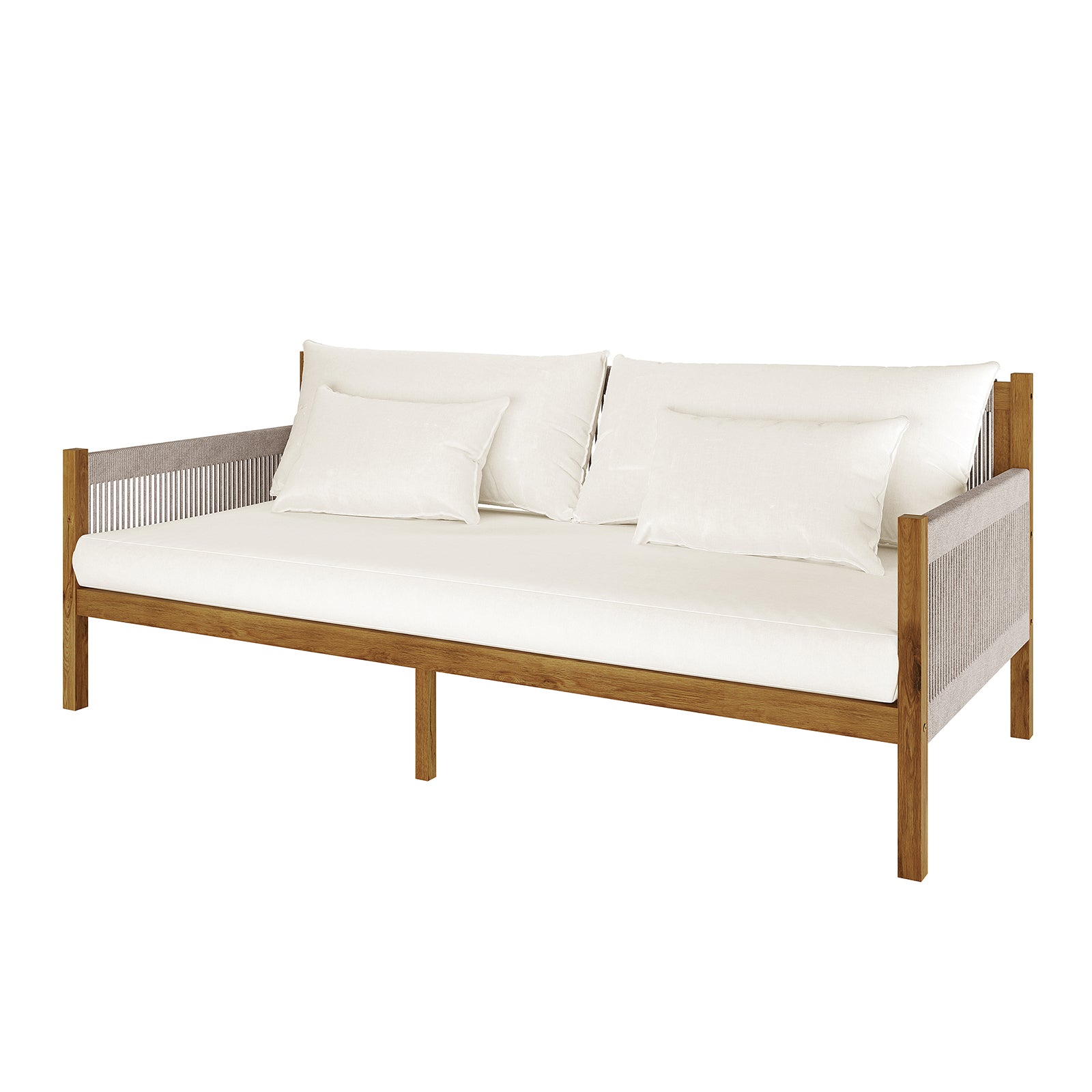 Savin 4-Seater Hardwood Outdoor Sofa Set in Beige features a minimalist design with a light-stained wooden frame, off-white cushions, and matching pillows, showcasing open sides with woven panel insets.
