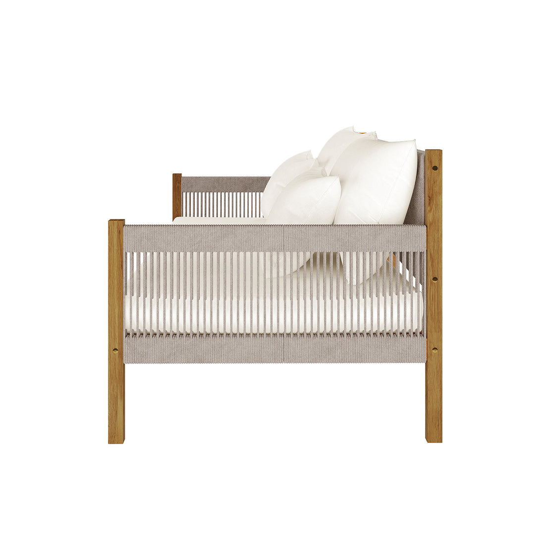Savin 4-Seater Hardwood Outdoor Sofa Set in Beige, featuring a minimalist wooden frame with woven-rope panels, thick white seat cushion, and white throw pillows, showcasing modern, spacious design.