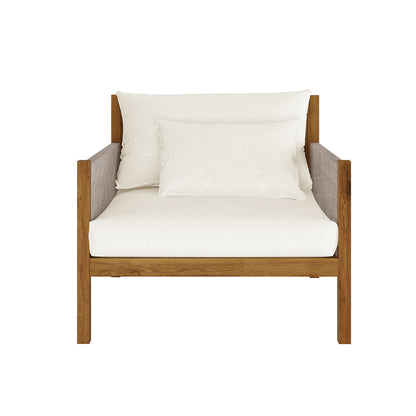 Savin 4 Seater Hardwood Outdoor Sofa Set in Beige, featuring a solid wood frame, thick off-white cushions, and a lumbar pillow, supported by straight wooden legs and arms for outdoor relaxation.