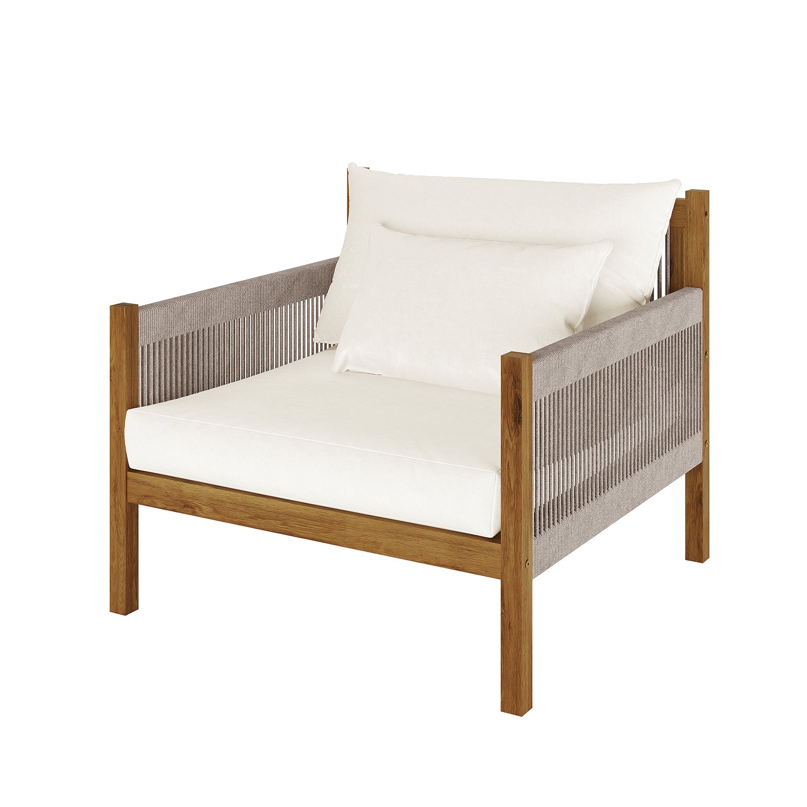 Savin 4-Seater Hardwood Outdoor Sofa Set in Beige, showcasing a modern lounge chair with a solid wood frame, woven cord panels, cream cushions, and pillows, emphasizing its stylish and durable design.