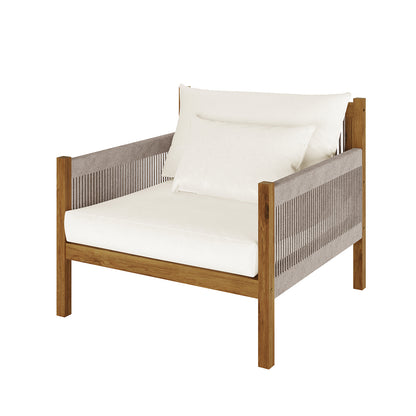 Savin 4-Seater Hardwood Outdoor Sofa Set in Beige, showcasing a modern lounge chair with a solid wood frame, woven cord panels, cream cushions, and pillows, emphasizing its stylish and durable design.