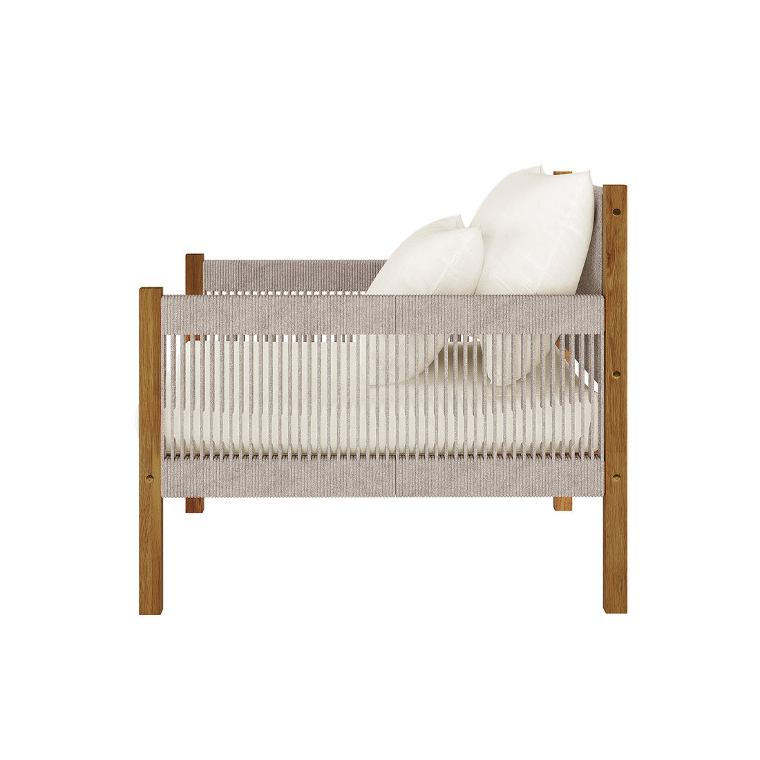 Savin 4-Seater Hardwood Outdoor Sofa Set in Beige, featuring a warm-toned wood frame and light-beige woven rope seat with plush white cushions, showcasing a minimalist, modern design.