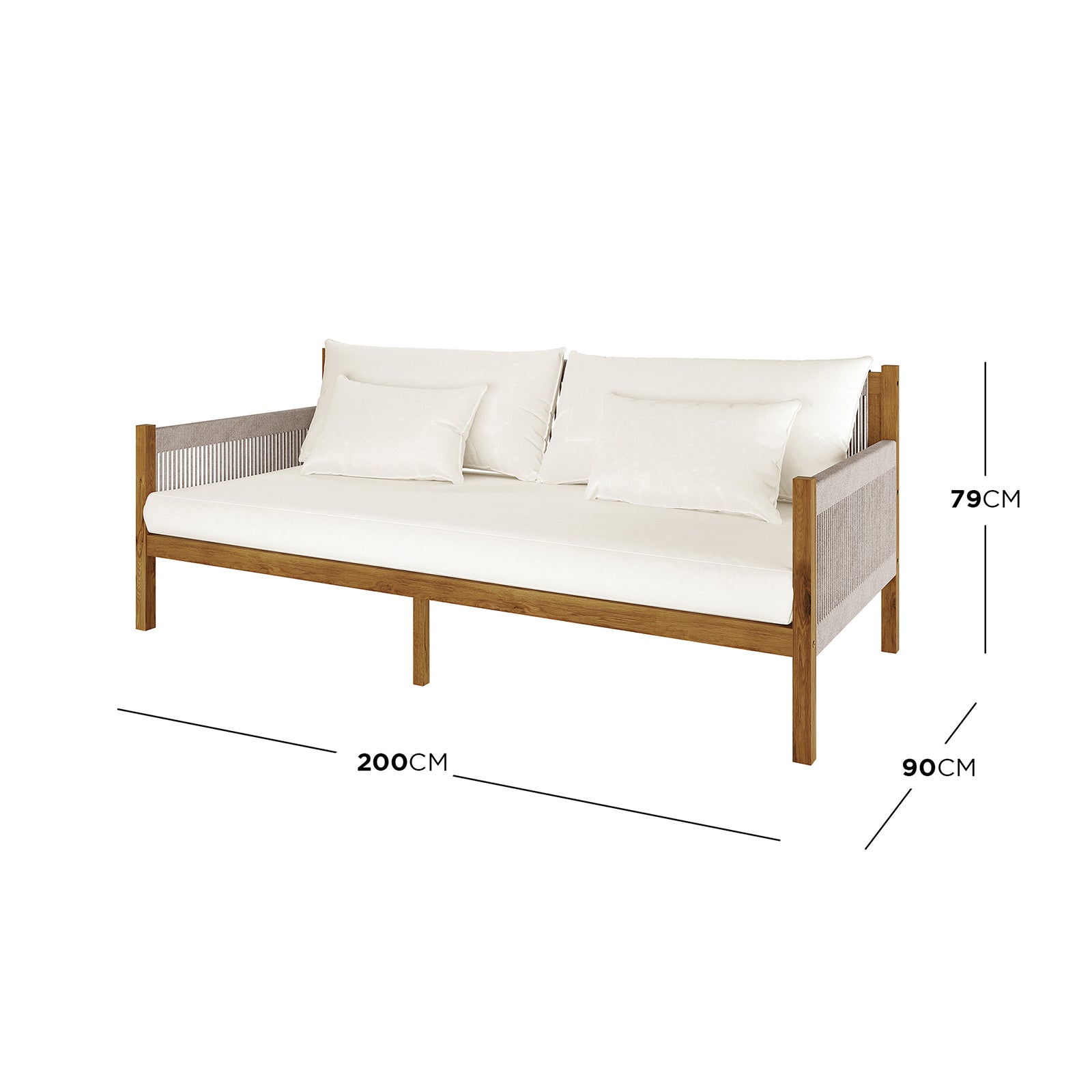 Savin 4-Seater Hardwood Outdoor Sofa Set in Beige featuring a minimalist design with a solid wood frame, slatted base, woven-rope side panels, thick cushion-topped seat, and four plush cushions.