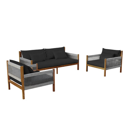 Savin 4-Seater Solid Timber Outdoor Sofa Set in Light Grey, featuring a three-seat sofa and two armchairs with wood frames, rope detailing, and thick black cushions for a stylish outdoor lounge.