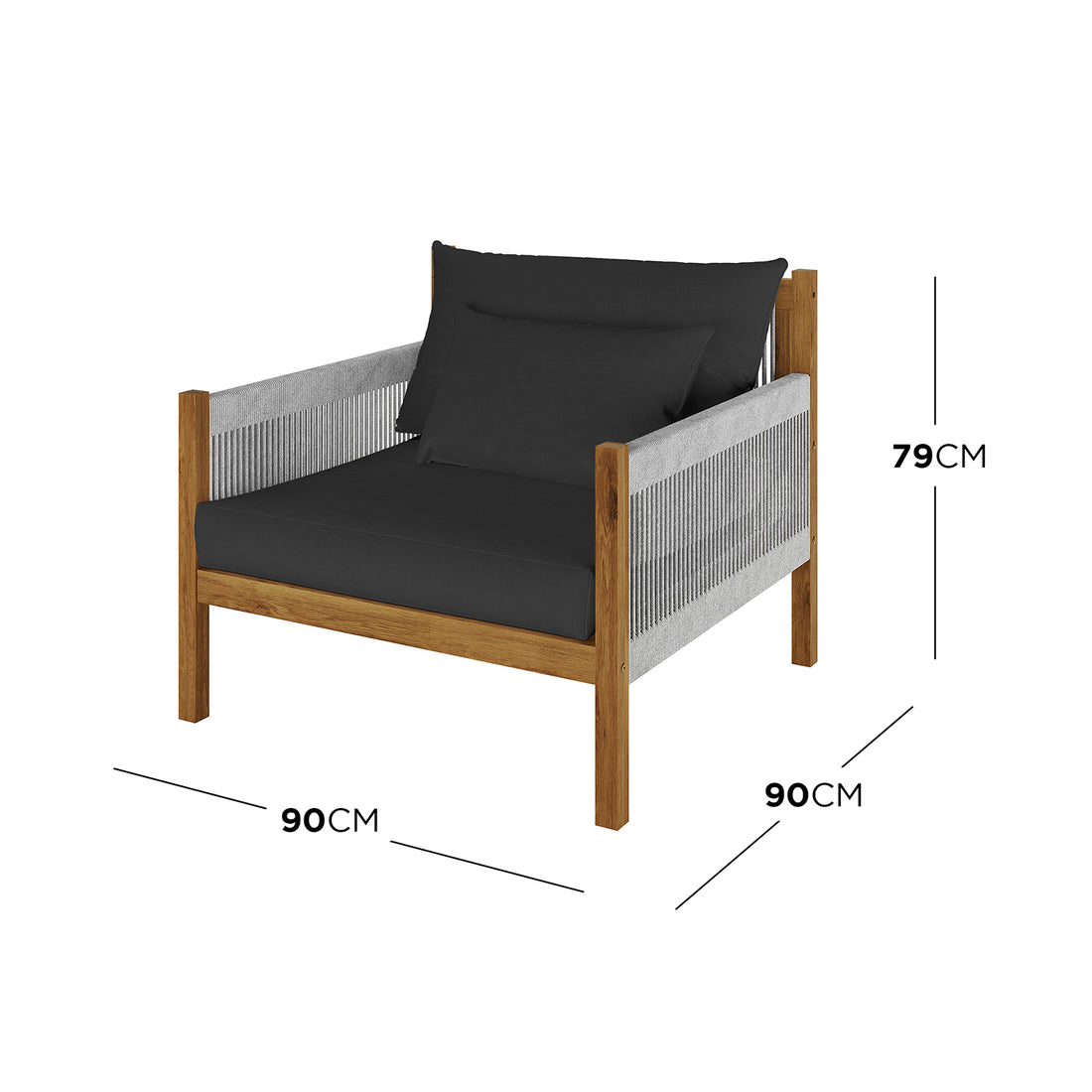 Savin 4-Seater Hardwood Outdoor Sofa Set in Light Grey, featuring a solid wood frame, woven-rope side panels, and plush black cushions. Measures 90 cm wide, 90 cm deep, and 79 cm tall.