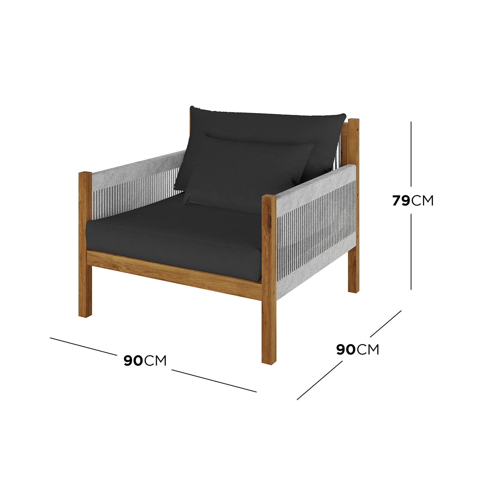 Savin 4-Seater Hardwood Outdoor Sofa Set in Light Grey, featuring a solid wood frame, woven-rope side panels, and plush black cushions. Measures 90 cm wide, 90 cm deep, and 79 cm tall.