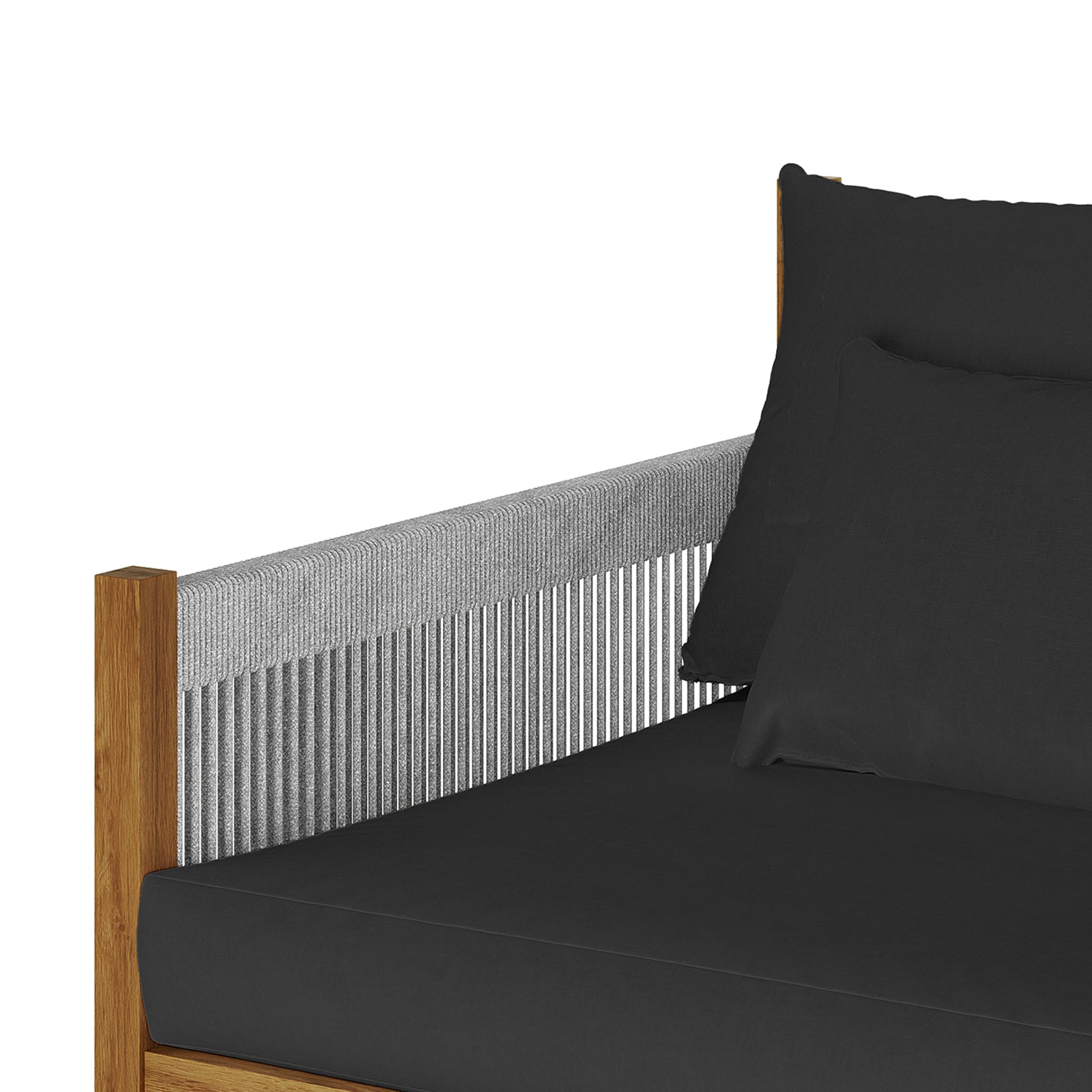 Savin 4-Seater Solid Timber Outdoor Sofa Set in Light Grey showcases a warm-toned wood frame, grey rope-wrapped side rail, and features a black cushion with matching throw pillows for a modern outdoor look.