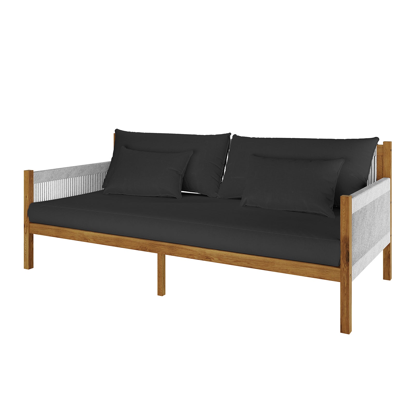 Savin 4 Seater Hardwood Outdoor Sofa Set in Light Grey features a light oak wood frame, black cushions, woven side panels, and spacious, low-profile design suitable as a sofa or daybed.