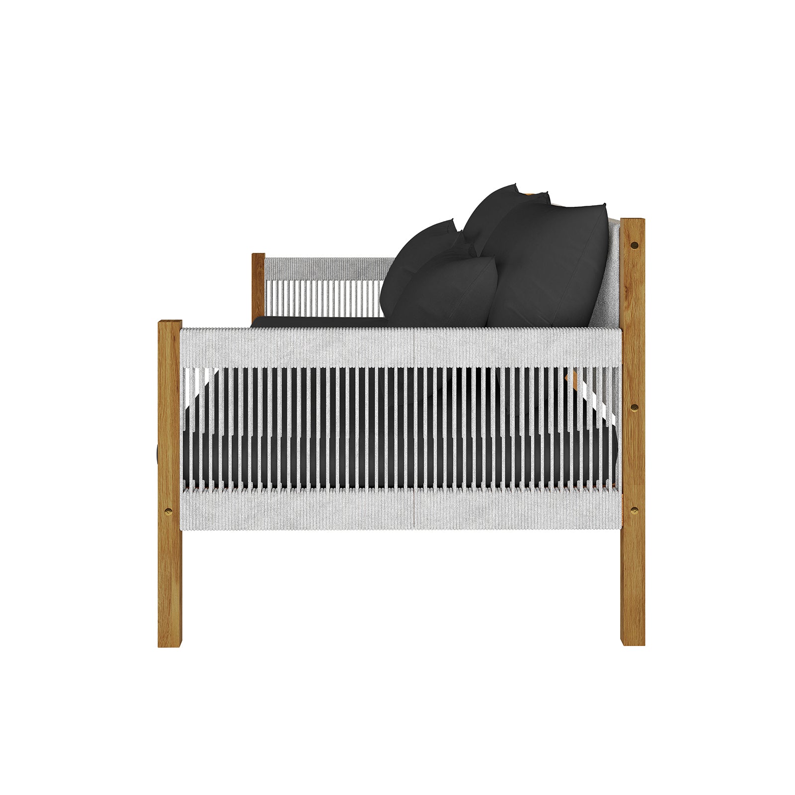 Savin 4-Seater Hardwood Outdoor Sofa Set in Light Grey features a sleek oak-wood frame with woven rope sides, complemented by plush black cushions, offering a modern indoor-outdoor aesthetic.