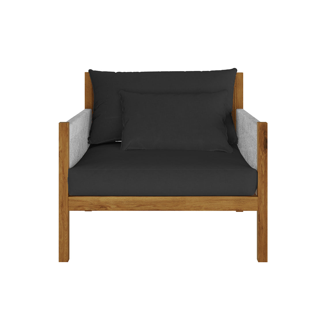 Savin 4-Seater Hardwood Outdoor Sofa Set in Light Grey, featuring a solid wood frame with dark cushions and lighter gray upholstered armrests, epitomizes modern comfort and durability for outdoor spaces.