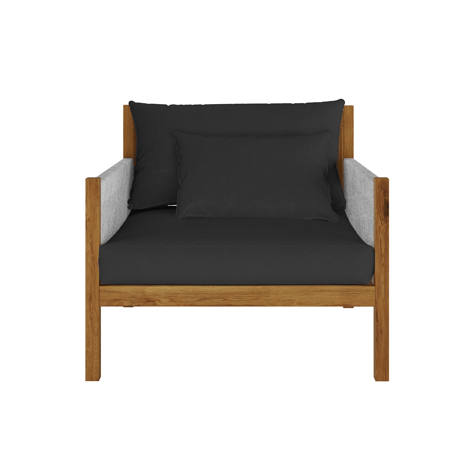 Savin 4-Seater Hardwood Outdoor Sofa Set in Light Grey, featuring a solid wood frame with dark cushions and lighter gray upholstered armrests, epitomizes modern comfort and durability for outdoor spaces.