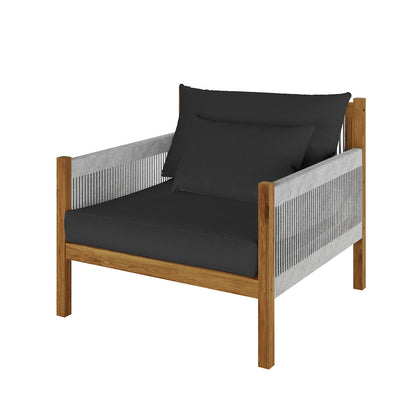 Savin 4-Seater Hardwood Outdoor Sofa Set in Light Grey, featuring an angular solid-wood frame, woven rope armrests, and plush black cushions for modern outdoor comfort and style.
